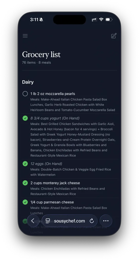 A SousyChef grocery list on a phone with items checked off
