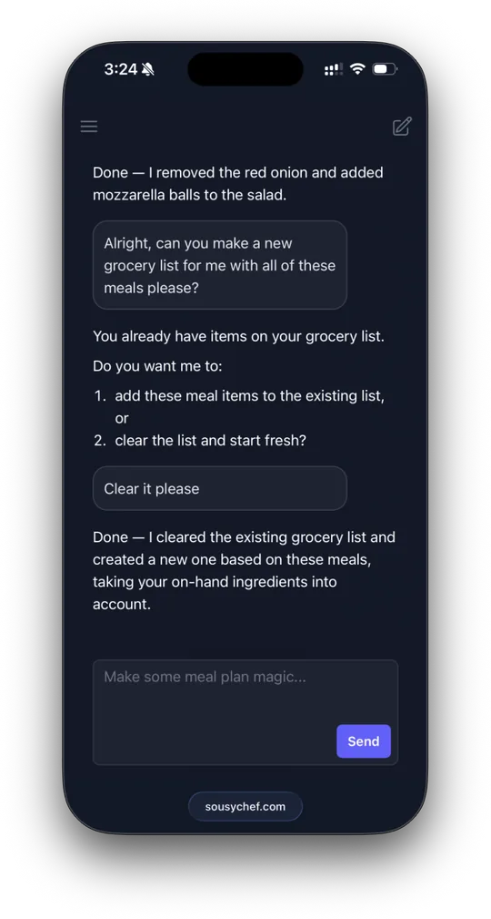 Asking SousyChef to build a new grocery list on a phone