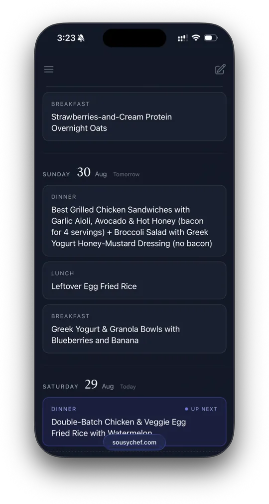 Planned meals on a phone showing tomorrow's dinner and tonight's up-next meal